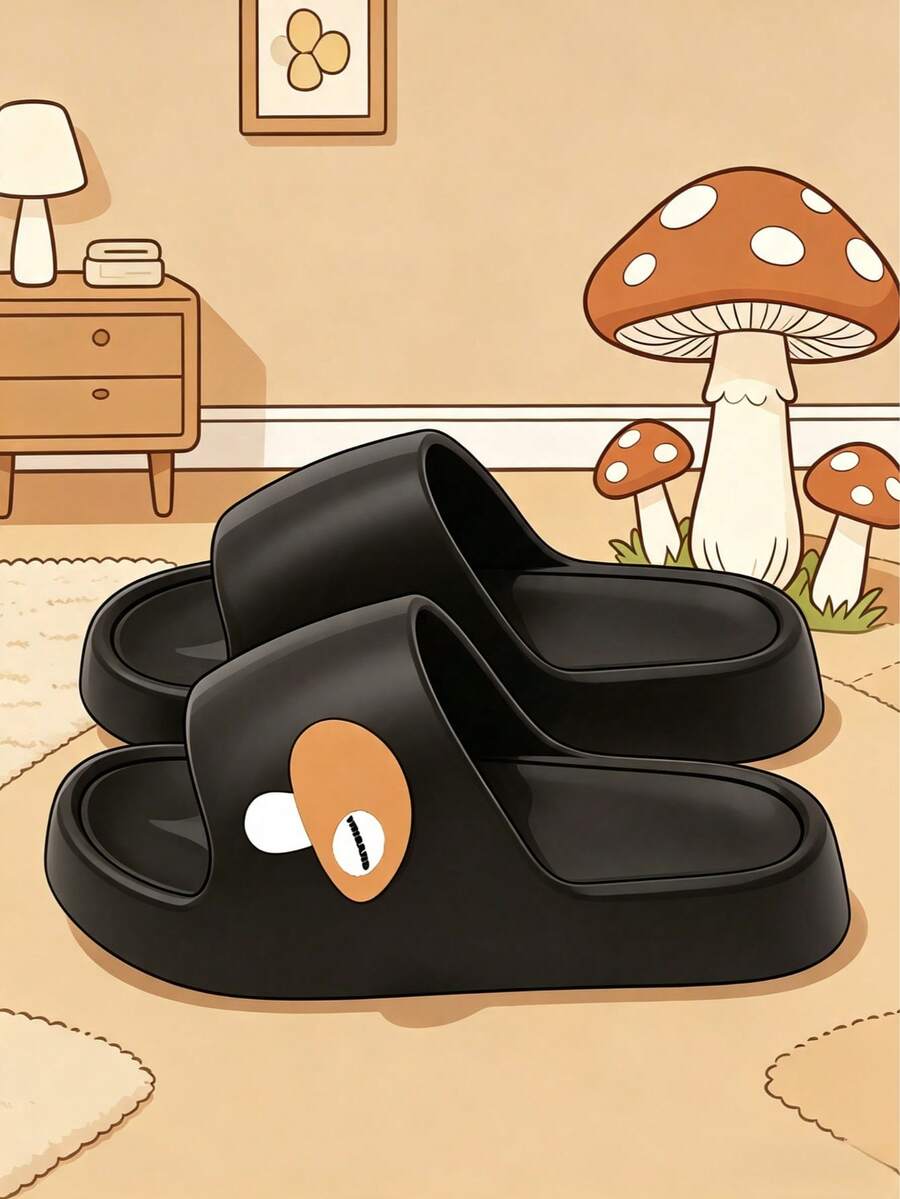 Summer Fashion Versatile Mushroom Home Slippers, Quiet Sole, Wear-Resistant, Lightweight, Comfortable For Long Wear, Easy To Clean, Essential For Home, Apartment, Hotel, Bathroom, Office, New Home Moving - Black - View 1