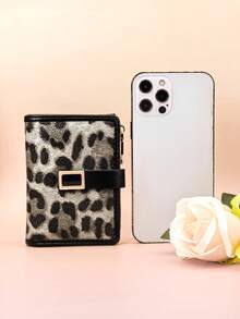 Billetera corta de moda clásica con estampado de leopardo y patchwork, tarjetero de PU marrón con hebilla exquisita, organizador de documentos, compacto y ligero - Negro - Ver 9