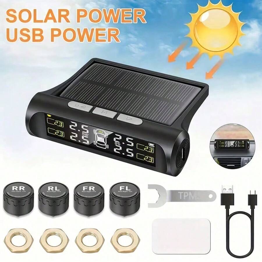 4-Sensor Wireless Tire Pressure Monitoring System (TPMS) Kit With Real-Time Pressure & Temperature Alerts, USB Rechargeable & Solar Powered, Suitable For SUV, MPV, Pickup, Off-Road Vehicles, Low Battery Reminder 300mAh