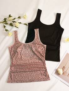 2pcs Women Leopard Print & Solid Color Elastic Rib Knit Camisole, Round Neck Sleeveless Tank Top, Casual Basic Vest - Multicolor - View 5