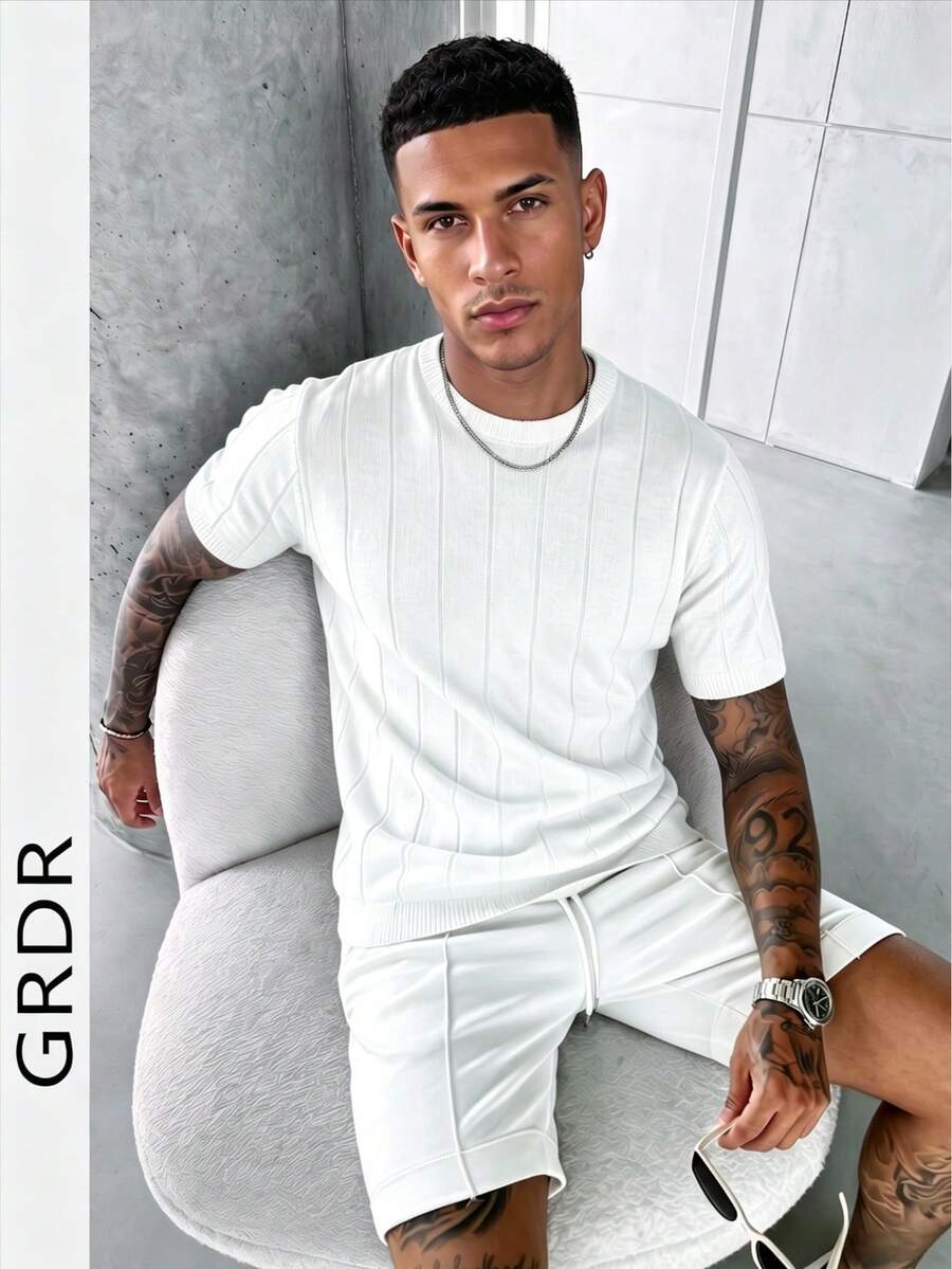 GRDR Men's Summer Knit Solid Ribbed Short Sleeve Sweater, Sporty Casual, Suitable For Outdoor Activities