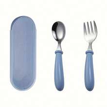 2pcs Stainless Steel Fork & Spoon Set For Toddlers, Children's Baby Feeding Utensils, Rounded Handle Portable Lunch Box Baby Eating Spoon & Fork, Back To School - Multicolor - View 5