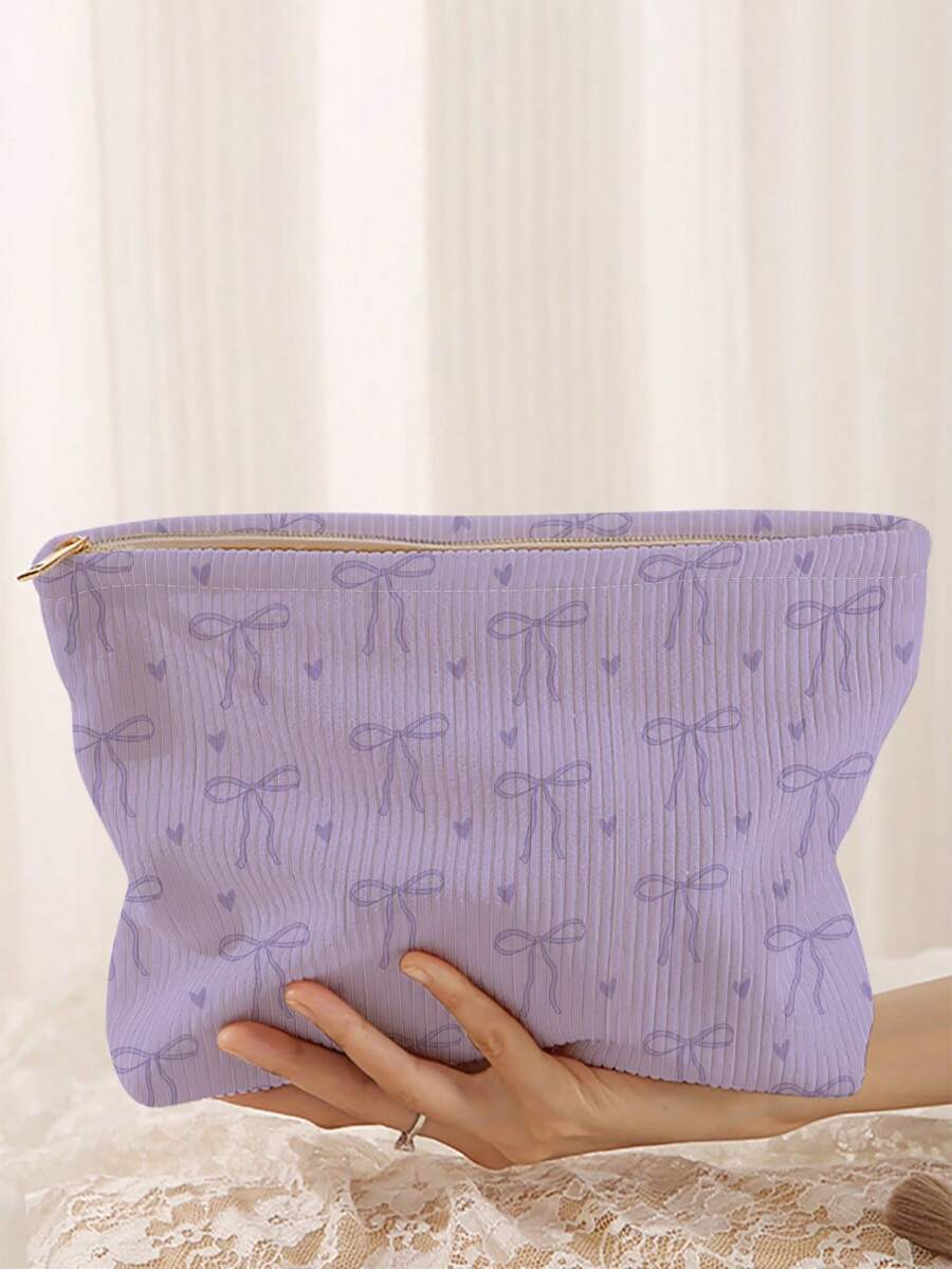 1pc Portable Cosmetic Storage Bag With Bow Pattern Double-Sided Print Travel Zipper Makeup Bag Multi-Functional Toiletries Organizer - Multicolor - View 1
