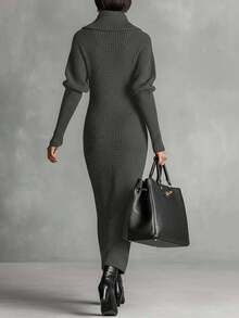 Gaun Rajut Bergaris Leher Tinggi Setengah Resleting Elegan untuk Wanita, Gaya Busana Jalanan Minimalis Elegan untuk Berbelanja dan Aktivitas Sehari-hari di Musim Gugur - Dark Grey - View 6