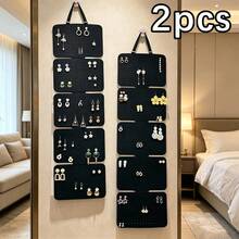 2pcs - 5-Panel Long Wall-Mounted Earring Storage Board, Dense Multi-Hole Design, Can Store Stud Earrings, Long Tassel Earrings, Pearl Hoops, Metal Jewelry And Other Types Of Jewelry, Can Be Hung Next To Makeup Mirror, Inside Wardrobe, Bedroom Wall - Black - View 1