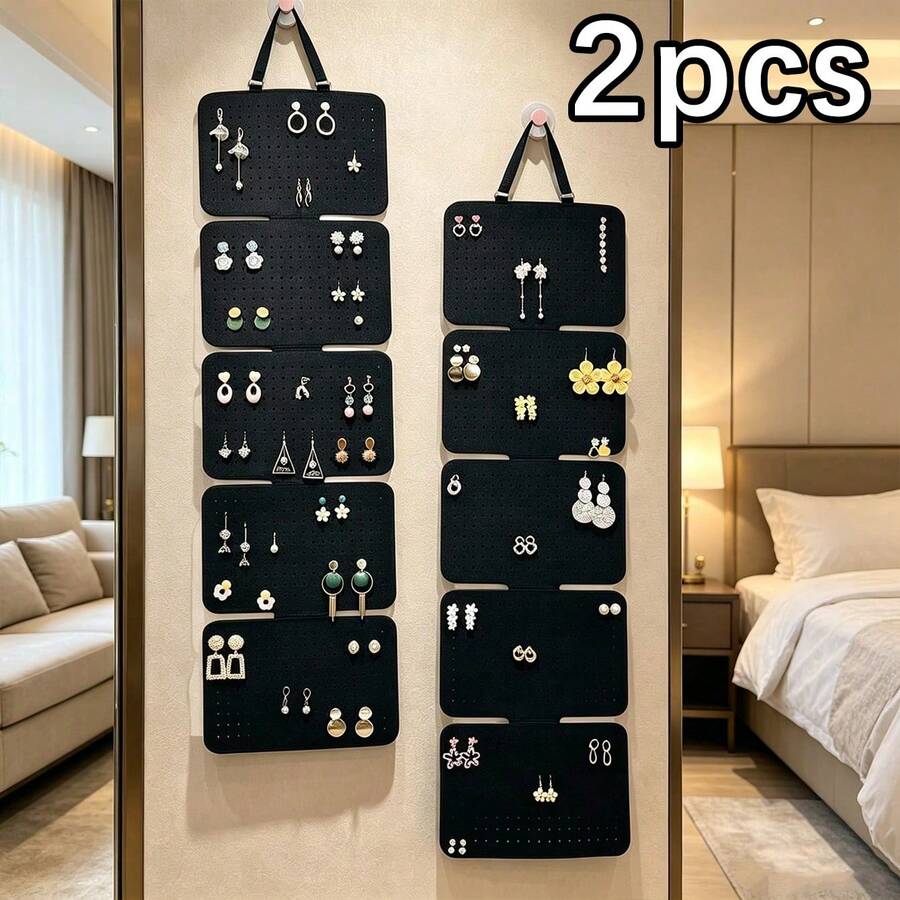 2pcs - 5-Panel Long Wall-Mounted Earring Storage Board, Dense Multi-Hole Design, Can Store Stud Earrings, Long Tassel Earrings, Pearl Hoops, Metal Jewelry And Other Types Of Jewelry, Can Be Hung Next To Makeup Mirror, Inside Wardrobe, Bedroom Wall - Black - View 1