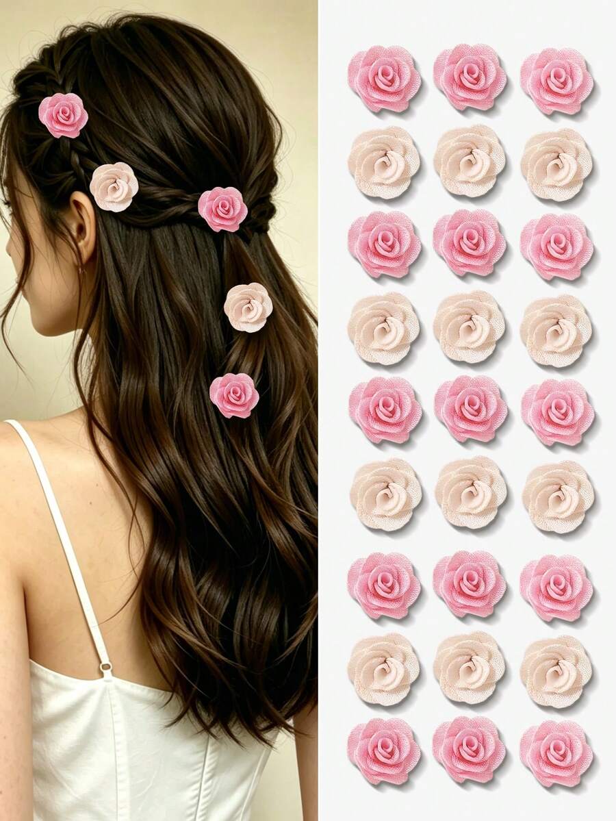 6/12pcs/Set Fabric Rose Flower Hair Clips, Sweet Hair Accessories, Gentle Fabric Rose Small Flower Hair Clips, Pink And Beige Gentle Color Palette Versatile And Practical - Suitable For Girls And Women, Applicable For Daily Outings, Vacations, Shopping, Dates, Graduation Season, Random Colors - Multicolor - View 1
