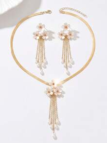 3pcs Women's Jewelry Set, Gentle French Vintage Style, Flat Snake Chain Flower Tassel Necklace, Faux Pearl Drop Earrings, Suitable For Daily Commute, Party, Gathering, Middle Eastern Style, Wedding Season, Romantic Elegant Full Set Accessory Gift For Holidays - White Golden - View 3