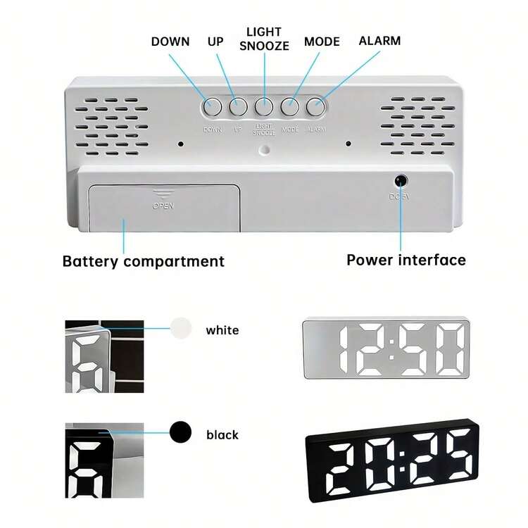 Reloj digital LED moderno grande con pantalla de fecha y temperatura - Marco blanco con esfera de espejo negro, modo de 12/24 horas, función de repetición, alimentado por batería/CC (baterías AAA no incluidas) - Reloj de mesita de noche, adecuado para oficina - Radio reloj digital - 1PC - Añade 12