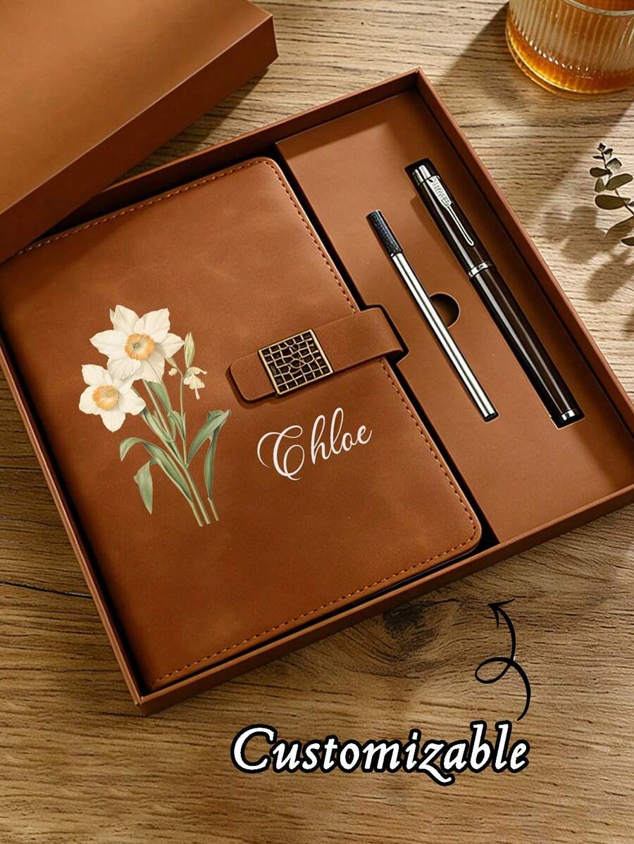 Set Buku Catatan Kancing Bunga Kustom, Buku Harian Kancing Emas dengan Pola Bunga Timbul, Nama yang Dapat Disesuaikan, Termasuk Pena dan Kotak Hadiah, Hadiah Alat Tulis, Hadiah Wisuda - MultiWarna - View 1
