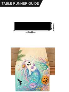 1件夏季亞麻桌旗，米色熱帶長方形桌布，印有可愛幽靈女巫南瓜棕櫚葉圖案，縫邊餐桌桌旗，適用廚房裝飾、家居裝飾、房間裝飾、婚禮裝飾、季節慶典 - 彩色 - 查看 13