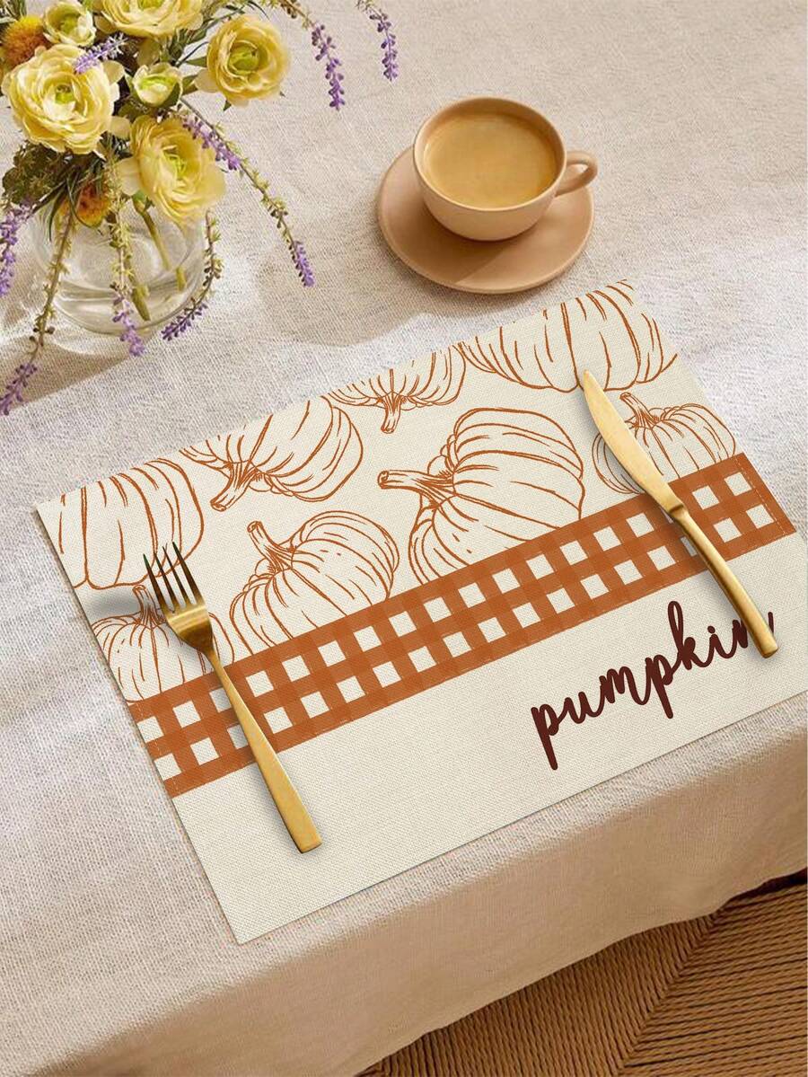 Autumn Harvest Festival Pumpkin Maple Leaf Wreath Heat-Insulated Placemats, Hello Autumn Thanksgiving Linen Placemats, Stain-Resistant Placemats, Suitable For Home Dining Room And Restaurant, Table Decor, Home Supplies 4pcs/6pcs/18pcs - Multicolor - View 1