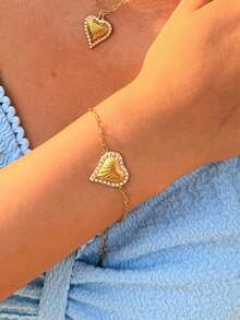 1pc Vintage Heart-Shaped Zirconia 18K Gold Plated Bracelet, Delicate Layered Bracelet Valentine's Day Daily Women's Accessory, Gift For Her - Multicolor - View 2