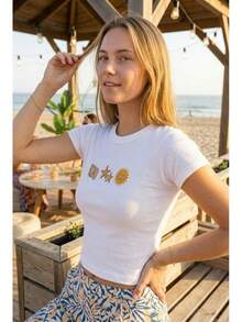 Personalized Seashell Starfish Sun Crop Top, Custom Embroidered Summer Baby Tee, Coastal Vacation Outfit, Beach Day Tee, Summer Shirt,Summer Top - White - View 2