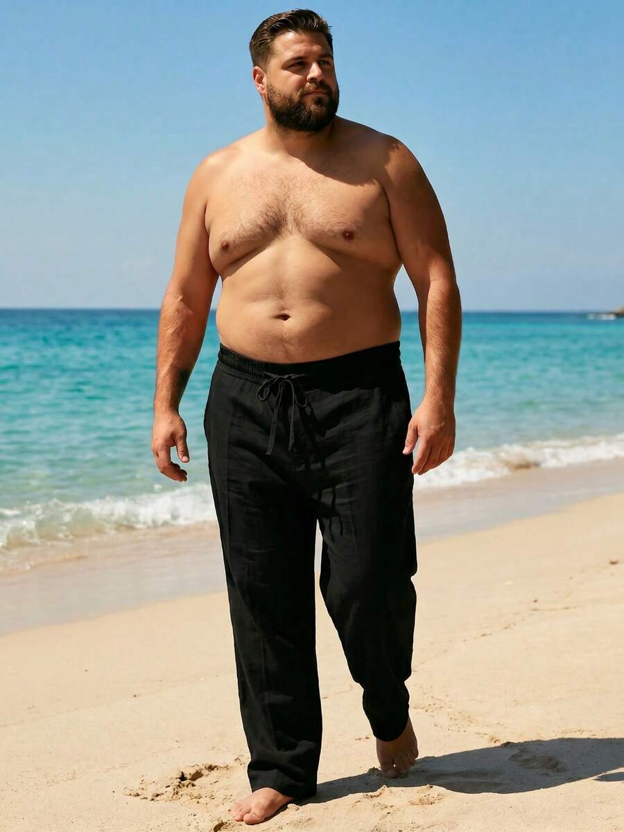 男士大尺碼 1XL-6XL 寬鬆直筒亞麻休閒長褲,夏威夷度假風海灘長褲 - 黑色 - 查看 1