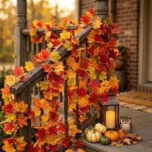 1pc Maple Leaf Autumn Wreath, 5.5ft/Pc Hanging Vine Artificial Autumn Leaf Garland, Thanksgiving Home Wedding Fireplace Party Christmas Decor, Autumn Decoration - Multicolor - View 7