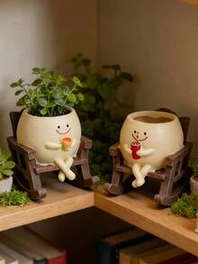 Resin Rocking Chair Shaped Succulent Planter With Coffee-Shaped Smiling Face Design, Suitable For Desk Decor, Garden/Country Planter, Outdoor Gardening Decor And Patio Decor - A - View 14