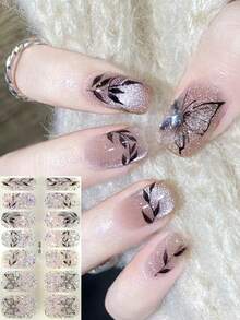 Coral Pink No-Bake Gel Nail Stickers, Waterproof Nail Film, Solid Color, Neon Green, Ombre Gradient Full Coverage - 黑與白 - 查看 7