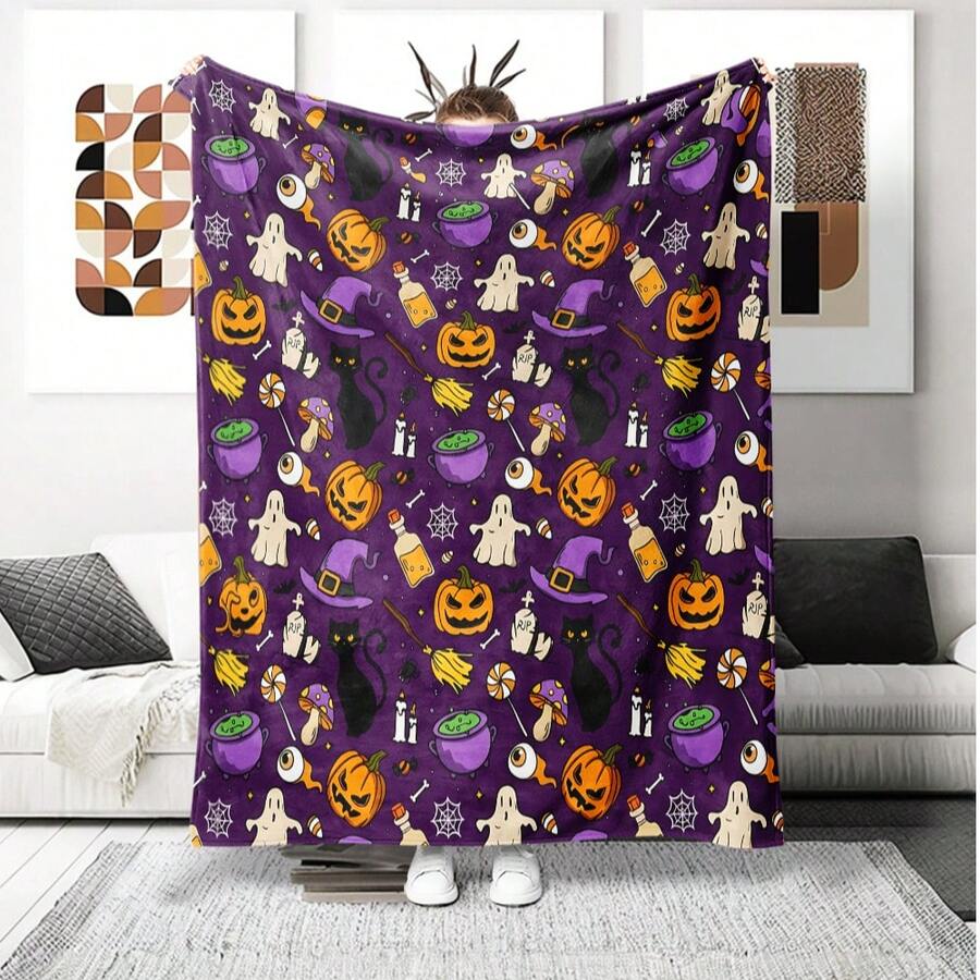 1pc Halloween Pumpkin Black Cat Ghost Witch Pattern Print - Spooky Cute Style - Soft Fluffy Throw Blanket - Microfiber