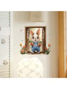 1pc Spring Rabbit & Tulip Wall Sticker, Warm Garden Decal For Bedroom & Entryway, Removable Self-Adhesive PVC Peaceful Decor - Spring Rabbit and Tulip - View 5
