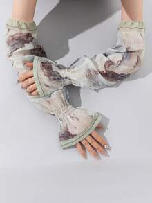 1 Pair Ink Print Chiffon Bell Sleeve Arm Warmers, Soft Thin Breathable Stylish Arm Covers - Light Green - 262 - View 5