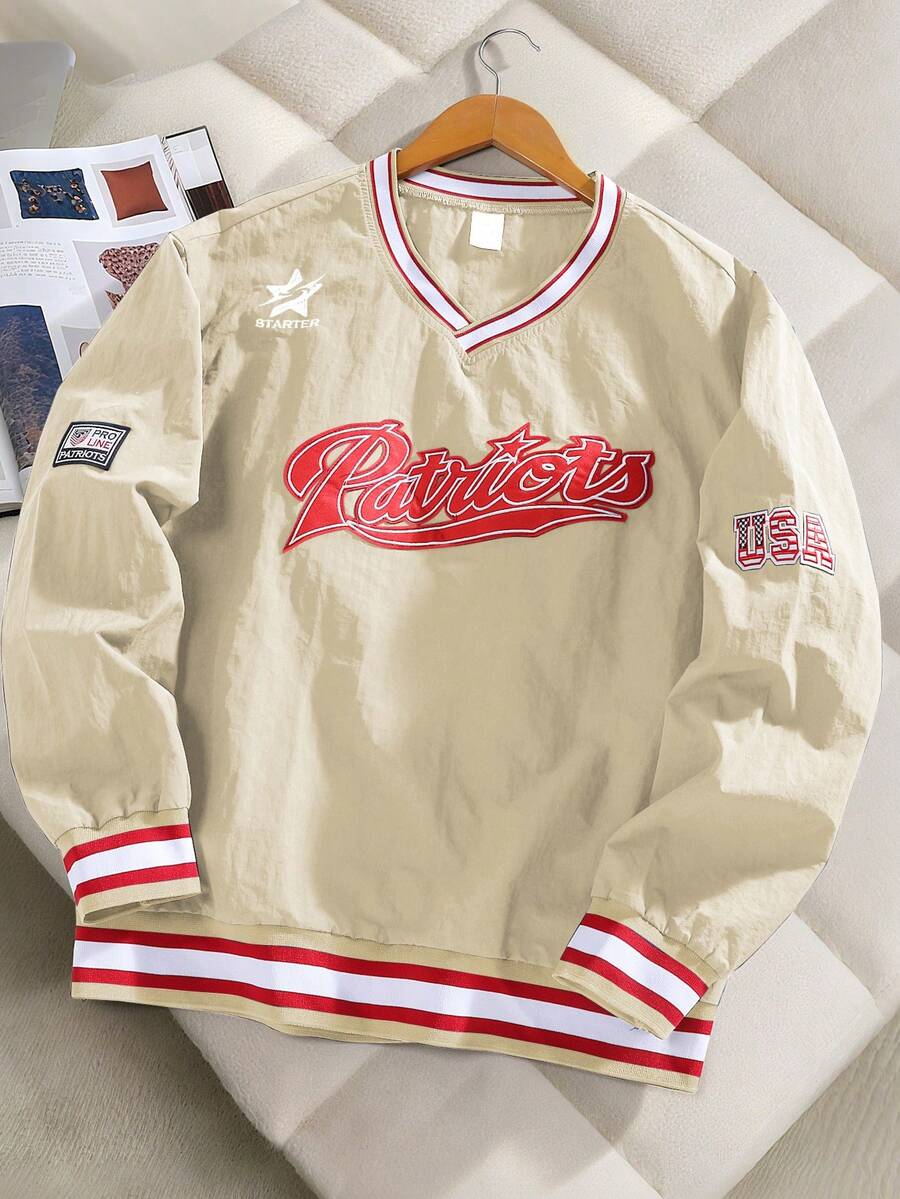 Sweatshirt Fashion Pria DIYIE, Sweatshirt Leher V Bordir, Sweatshirt Y2K, Sweatshirt Pakaian Olahraga Kampus, Sweatshirt Komuter Nyaman, Kain Tenun, Tidak Melar - Aprikot - View 1