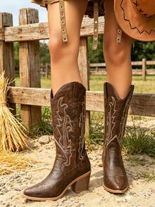 Women's Brown Western Cowboy Boots 2026 New American Vintage Western Style Pointed Toe Embroidered Chunky High Heel Slip-On, Cowgirl Boots - Dark Brown - View 7