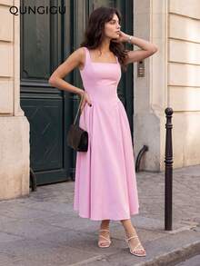 QUNGIGU Women's Thick Strap Sleeveless Maxi Dress, Flared Hem, Elegant Summer Dress, Suitable For Wedding Guests, Graduation Party - Pink - View 4