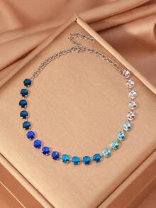 Summer Gradient Ocean Blue Color Claw-Set Rhinestone And Resin Necklace Sparkling Dainty Tiny Choker Women Viral Jewelry For Casual Daily Wear - Style 1 - View 2