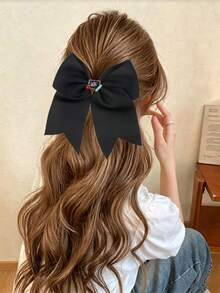 1pc Black Large Bow Hair Tie, Back To School ABC Pencil Apple Decor Ponytail Hair Tie, Teen Girl Hair Accessory, Home Decor Hair Accessory Gift - Black - View 7