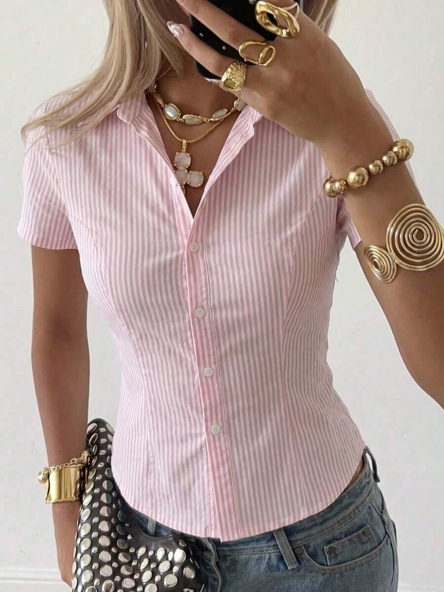 Blus Kasual Lengan Pendek Bergaris Pink Gaya Y2K untuk Wanita Ukuran Besar, Cocok untuk Gaya Kampus - Berwarna merah muda - View 1