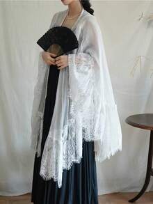 1pc Bohemian Style Solid Color Semi-Sheer Wavy Lace Trim Shawl Cover Up - Multicolor - View 3
