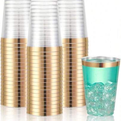 20pcs Gold Cups, 6.76oz Clear Cups With Gold Rim, Gold Beer Cups, Party Cups, Premium Gold Rim Cups, Perfect For Weddings And Parties