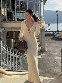 V領鏤空針織長袖長洋裝 - 杏色 - 查看 3