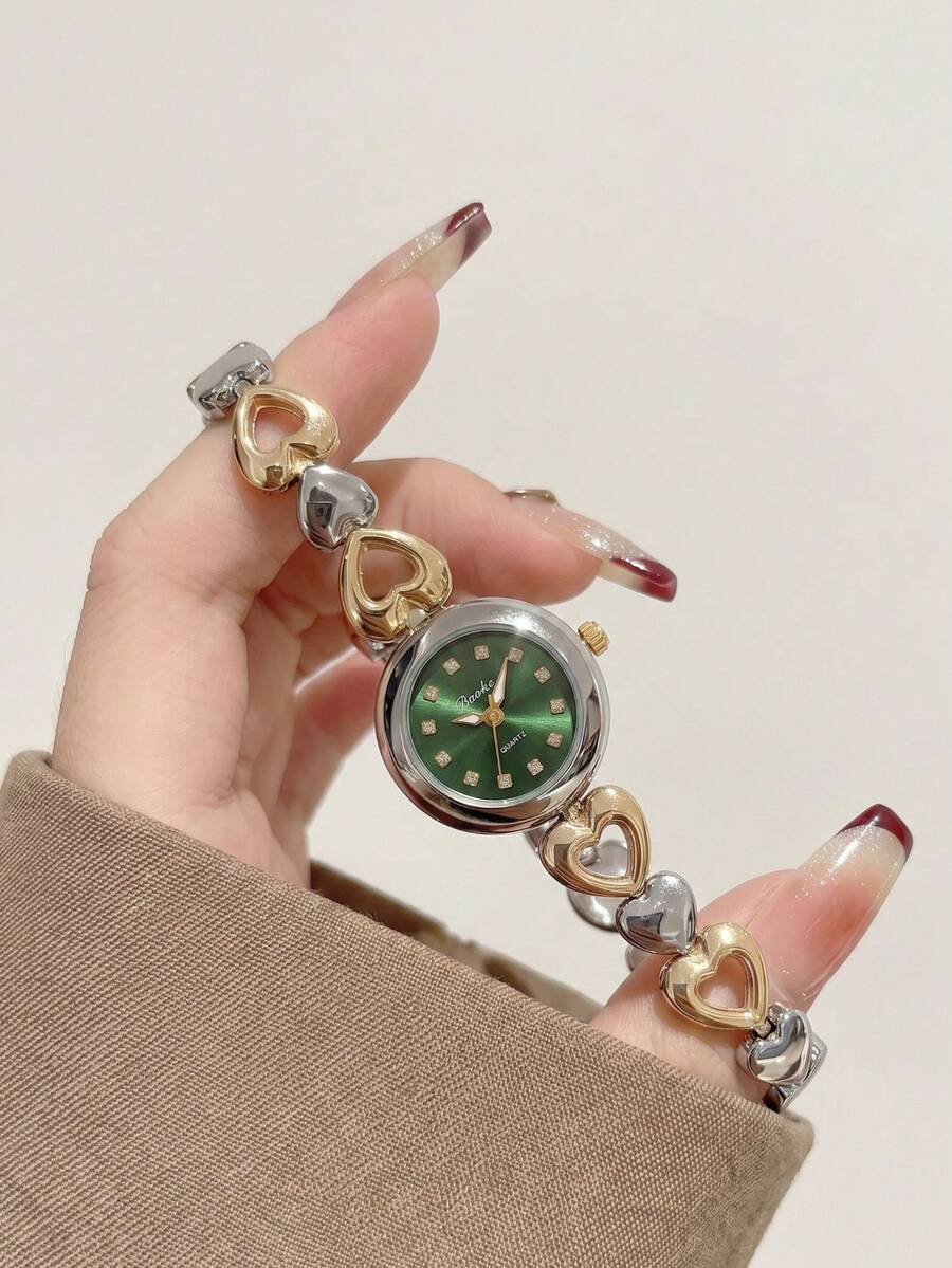 優雅女款小圓盤腕錶,閃亮水鑽刻度盤,雙色交織鏤空愛心金屬手鍊,休閒百搭適合日常配戴,週年禮物、生日禮物、萬聖節禮物、情人節禮物等,1件/組 - 金色 - 查看 1