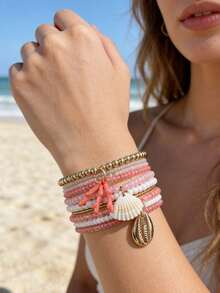 3pcs Fashion Sexy Delicate Elegant Branch Shell Pendant Bracelet Woven Rice Bead ABS Faux Pearl Beaded Stackable Bracelet Set Suitable For Women Daily Wear And Holiday Travel - Multicolor - View 4
