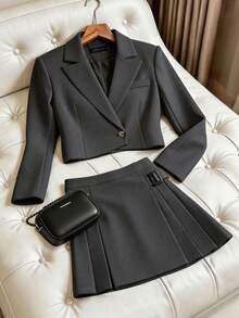 HOMEYEE Women's Lapel Collar Lapel Short Jacket And Pleated Skirt Set, Fashionable Autumn Two Pieces Outfit, Business Commute Professional Daily Versatile - Dark Grey - View 5