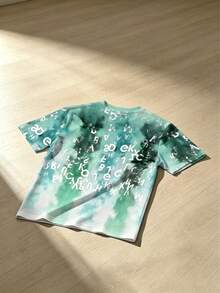 Men Plus Size Gradient Letter Graffiti Pattern T-Shirt, Vintage Distressed Style, Round Neck Loose Short Sleeve Tee, Polyester Knit Fabric - Multicolor - View 4