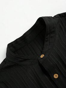 Men's Spring/Summer 3-Button Henley Short Sleeve Shirt And Drawstring Shorts Solid Color Jacquard Casual Vacation Regular Fit Set, Commute Casual Textured 2 Pieces Outfit - Black - View 7