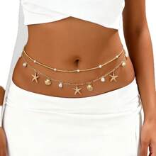 2pcs Classic Bohemian Vacation Style Gold-Tone Rice Bead Chain Waist Chain With Shell, Starfish, Faux Pearl Pendant, Detachable Double Layer Waist Chain For Daily Wear, Party, Date, Beach, Bikini, Elegant And Exquisite Women's Waist Chain - Golden Two-piece Suit - View 2