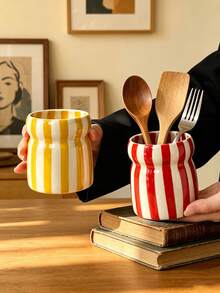 1pc Striped Ceramic Storage Jar, Kitchen Utensil Holder, Tableware Organizer, Multi-Color Striped Pattern, Suitable For Kitchen Storage, Tableware Organization, Home Decor, Back To School Supplies, Holiday Gifts - Multicolor - View 11