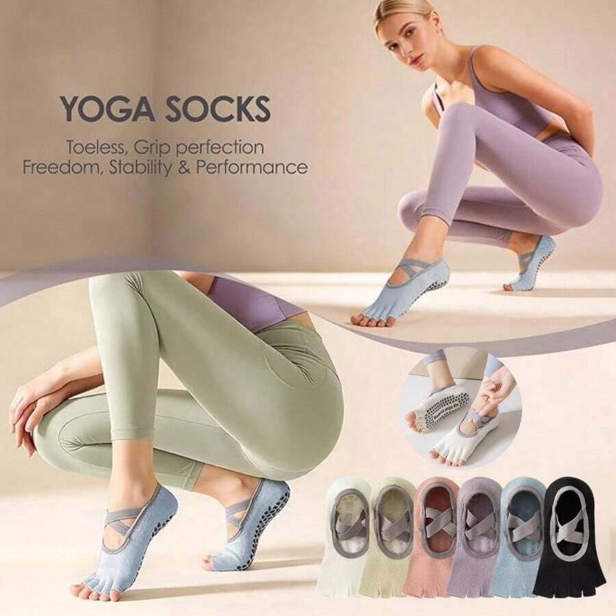 1/3/5 Pairs Women's Toe-Less Pilates Socks, Non-Slip Cross Strap Open Toe Socks, Yoga, Barre, Dance, Body Shaping Machine, Home Use - Multicolor - View 1