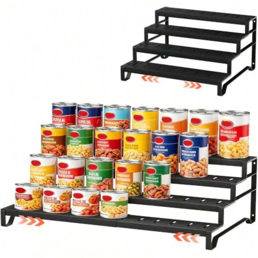 4 Tier Expandable Can Rack Organizer For Pantry, Adjustable 13"-21" Metal Soda Can Organizer, Pantry Organization Canned Food Storage Holder For Kitchen Cabinet Countertop, Black 1Pack - Black - View 1