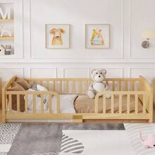 Low Bed Measuring 90 X 200 Cm With Safety Rails, Central Entrance, Made Of Pine Wood. Low Bed With Rails, White. - Natural Color - View 9