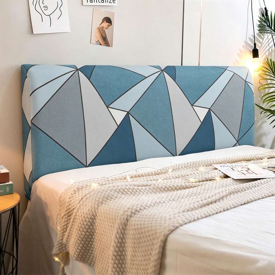 Sarung Sandaran Kepala Ranjang Sutra Susu yang Elastis, Lengkap, Desain Pola Geometris Sederhana, Kain Serat Poliester Lembut, Sarung Pelindung Furnitur Kamar Tidur Gaya Modern Cocok untuk Ranjang Tunggal dan Ganda - Blue and White - View 1