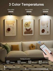 3pcs LED Battery Powered Magnetic Mount Picture Lights, Wireless Remote Control Home Wall Decor Art Display Lights - Black - View 3