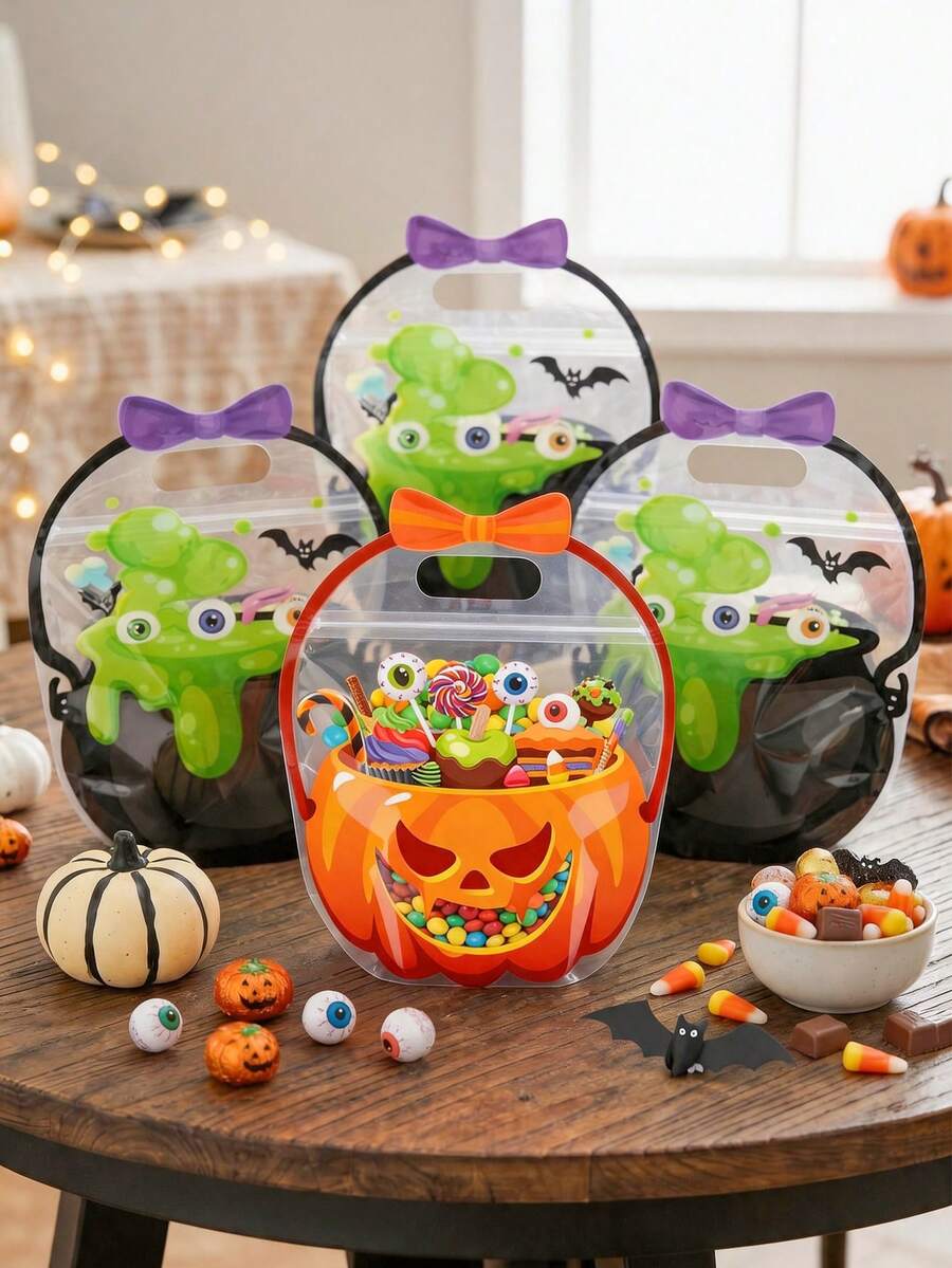 20pcs Halloween Plastic Pumpkin Cauldron Handheld Sealed Candy Bags, Holiday Party Decoration Supplies