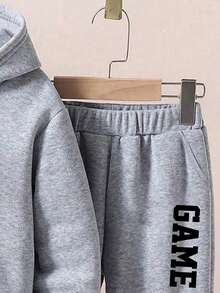 Boys' Letter Print Hoodie And Sweatpants Warm Set - Grey - View 5