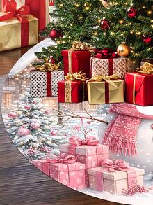 1/100Pcs Christmas Tree Skirt With Pink Snowman Pattern, Featuring Pink Berry Branches, Small Cabin, Snowman, Christmas Tree Design, Round Base, Diameter 60/90CM Optional; Suitable For Winter Party And Home Holiday Decoration, Ideal Christmas Tree Accessory. - Multicolor - View 4