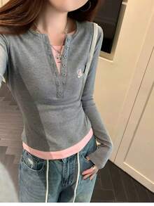 1 buah Kaos Lengan Panjang Wanita Motif Blok Warna, Atasan Lapisan Dasar Rajut Pas Badan untuk Musim Gugur - Grey - View 4